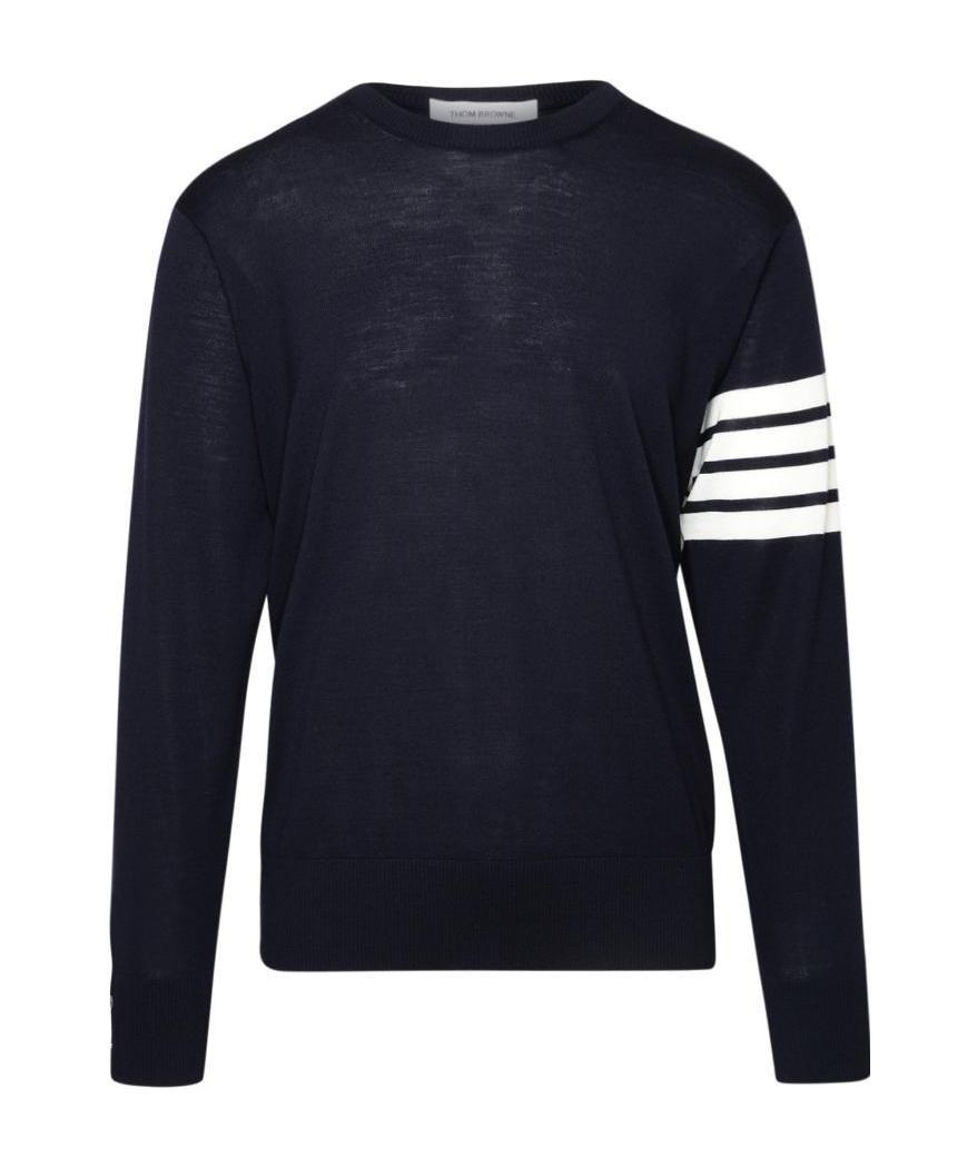 Thom Browne Ribbed Hem Crewneck Striped Sleeve Button Cuffs In Black