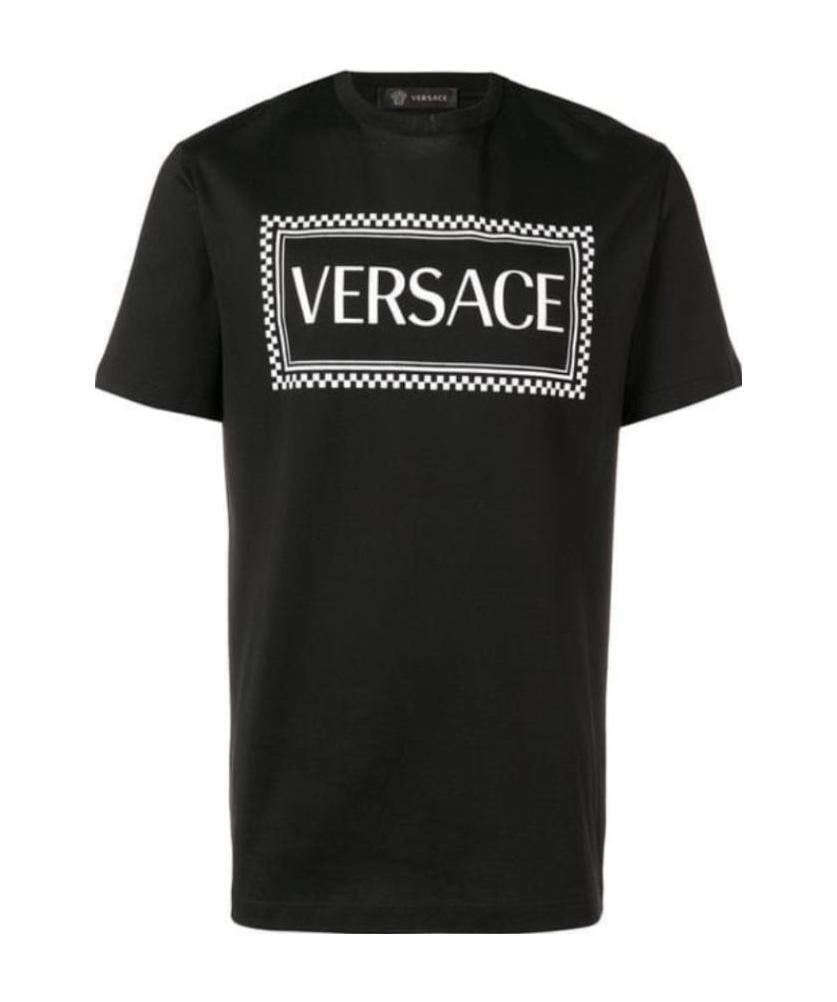 Shop Versace Logo Check Print Cotton T Shirt In Black