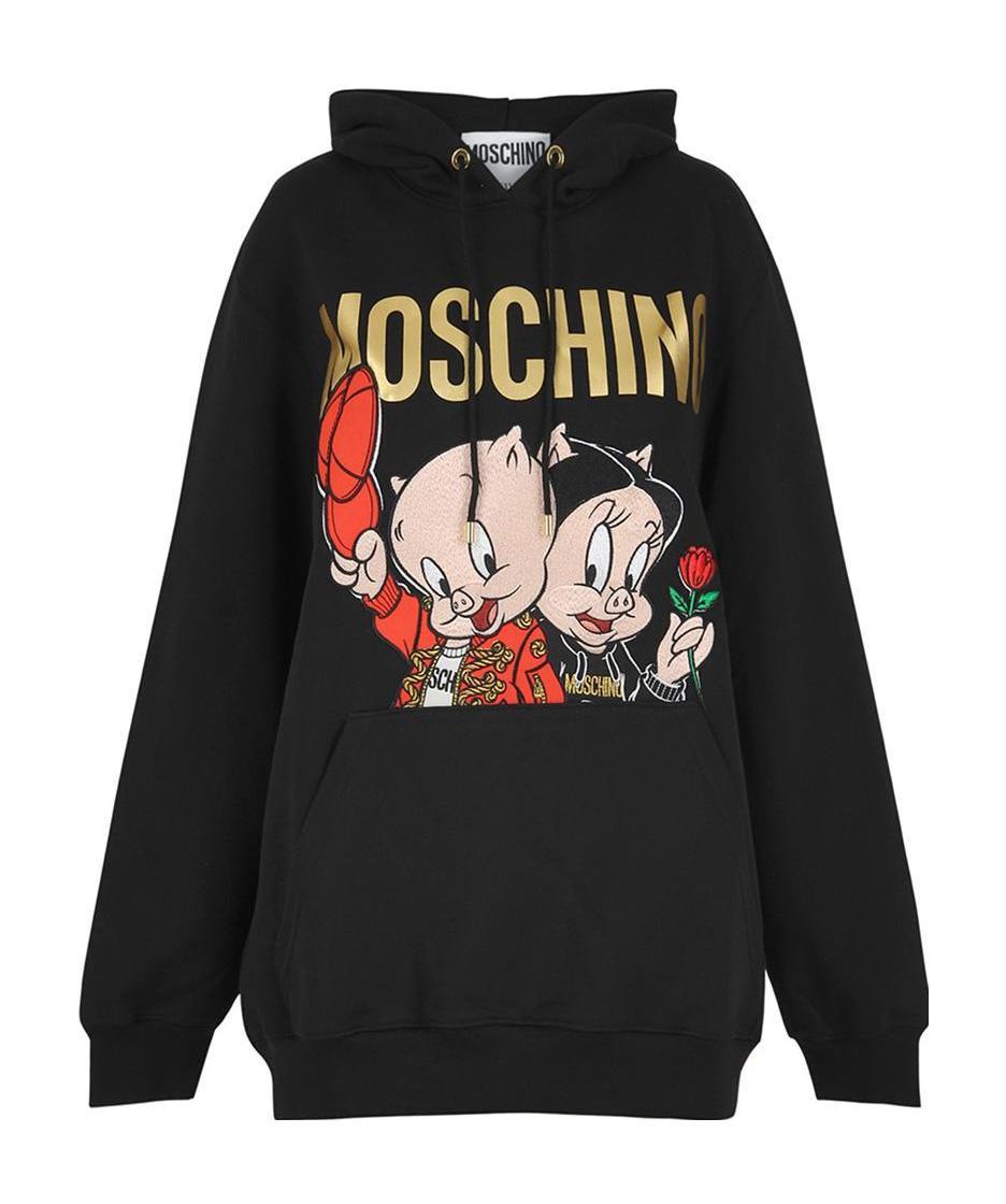 Moschino Black Piggy Oversize Hooded Sweater In Black