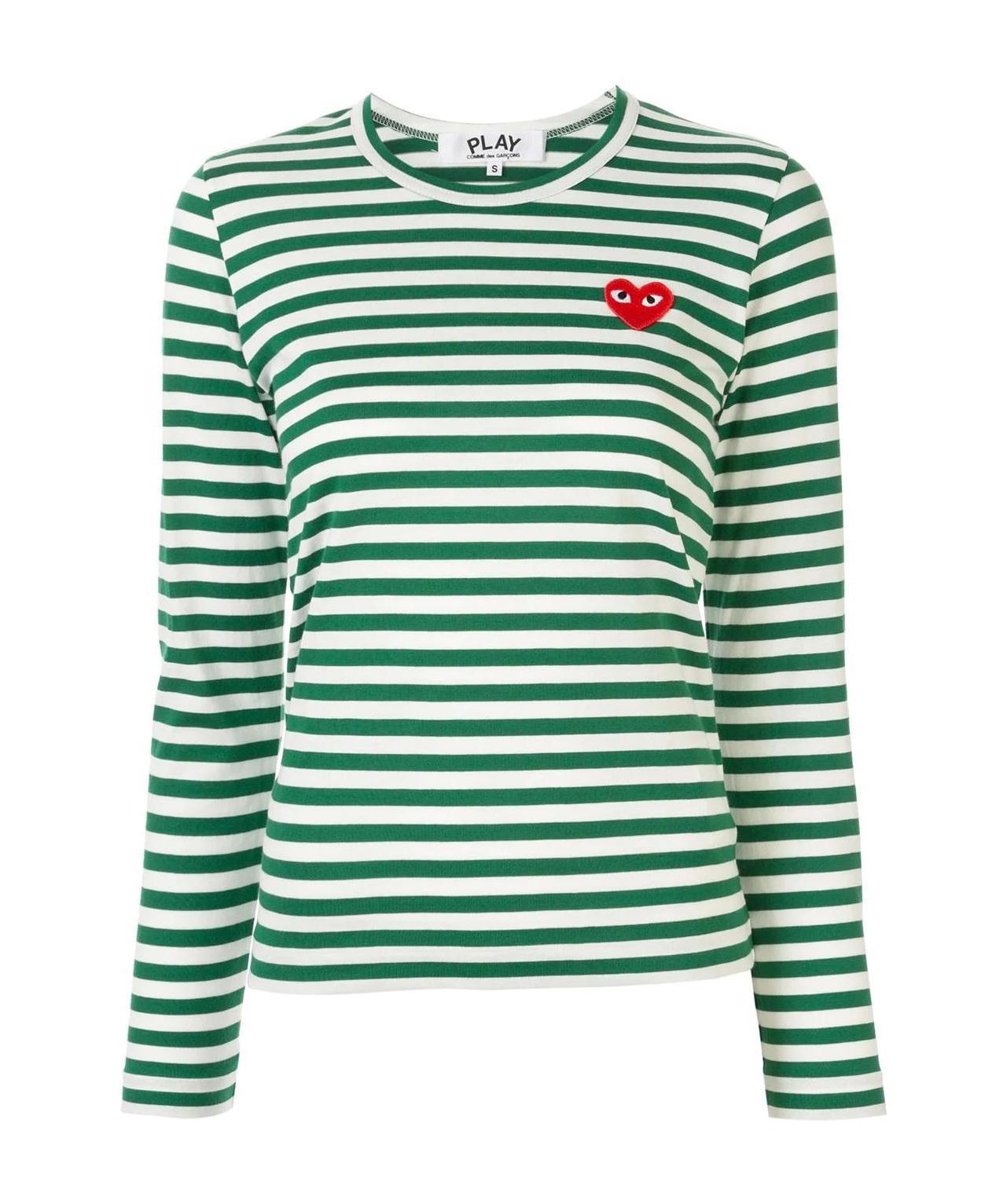 Comme Des Garçons Play Striped Red Heart Long-sleeve Shirt In Green