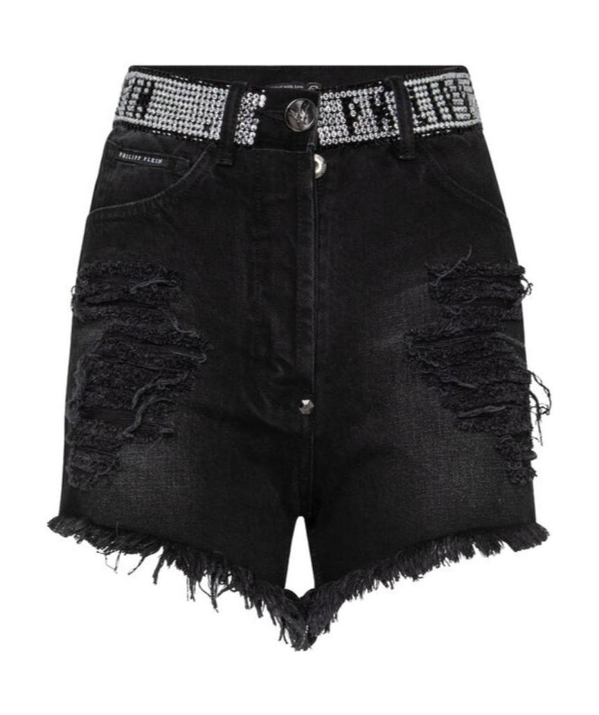 Shop Philipp Plein Black And Gray Logo Details Denim Shorts