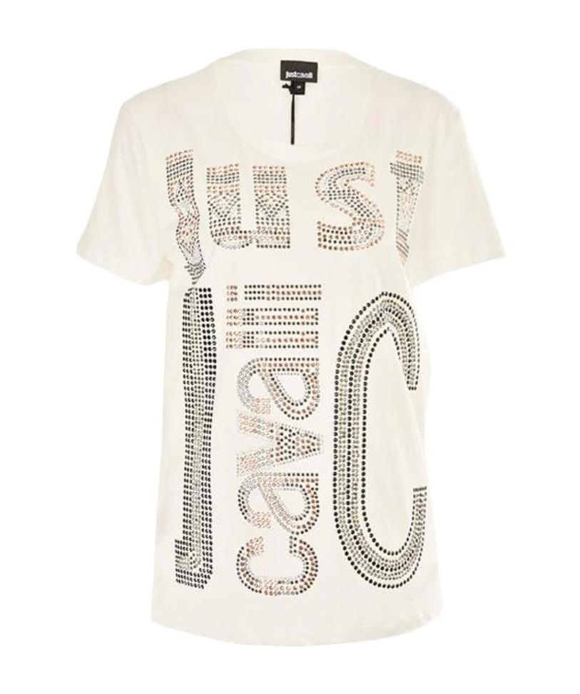 Just Cavalli Letter Hot Diamond Short-sleeved T-shirt In White