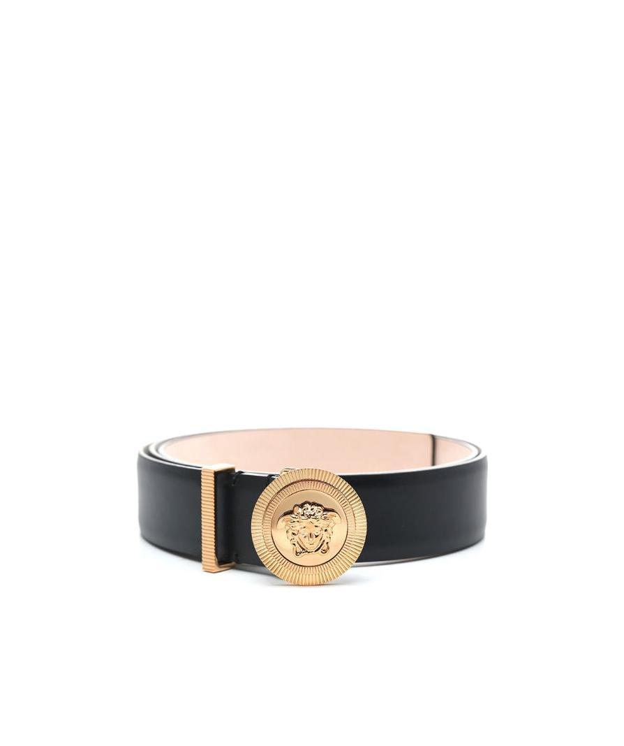 Versace Medusa Buckle Leather Belt In Nude