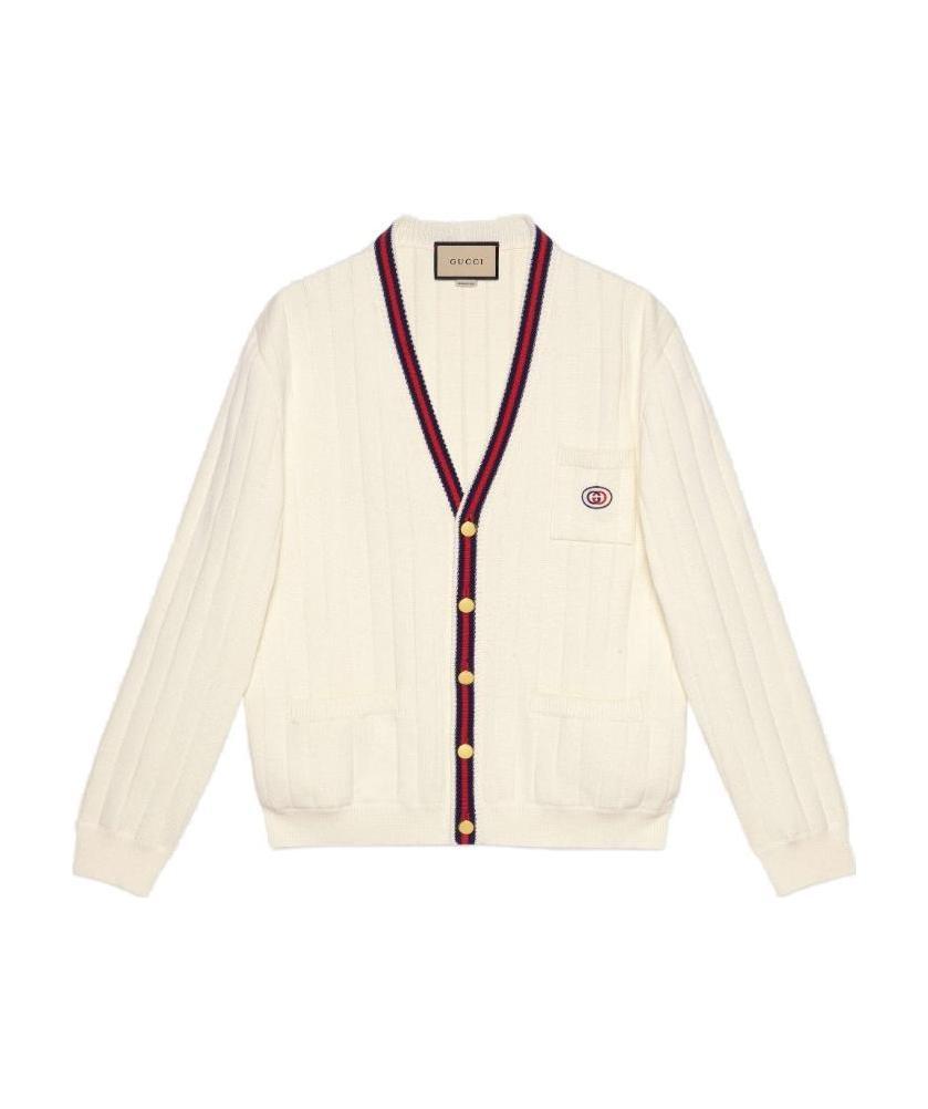 Gucci Gg-embroidered Web-stripe Cotton Cardigan In Nude