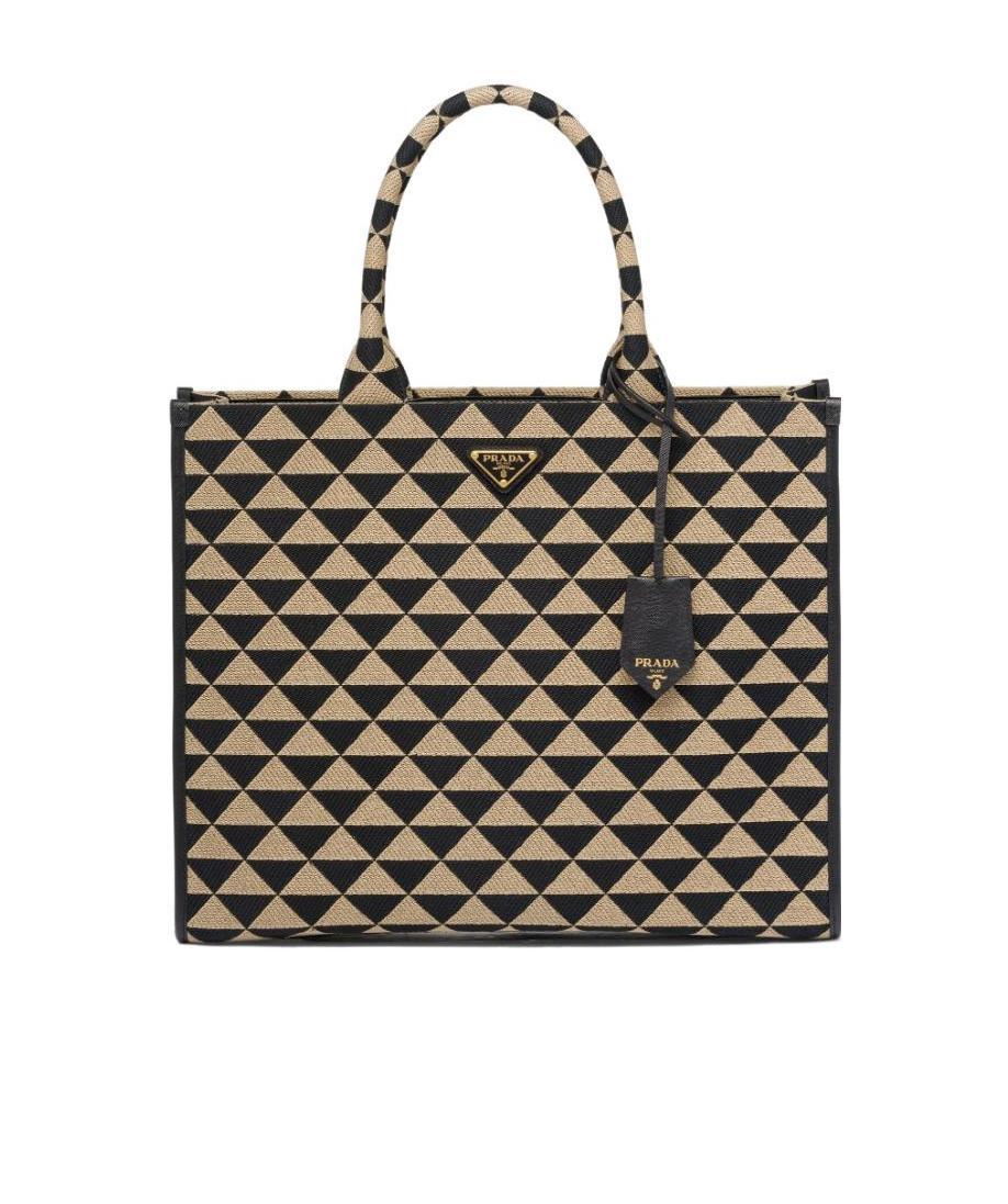Shop Prada Large Symbole Jacquard Fabric Handbag In Black/beige