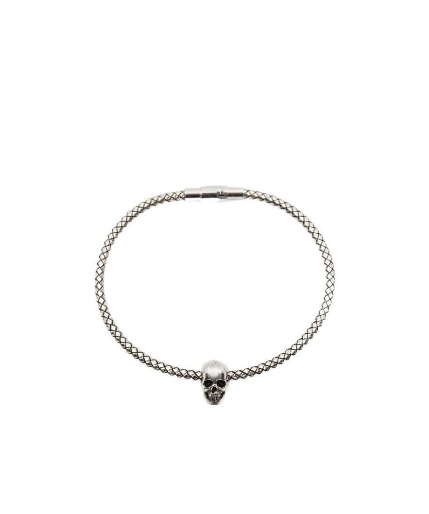 Alexander Mcqueen Skull-charm Woven Bracelet In Gray