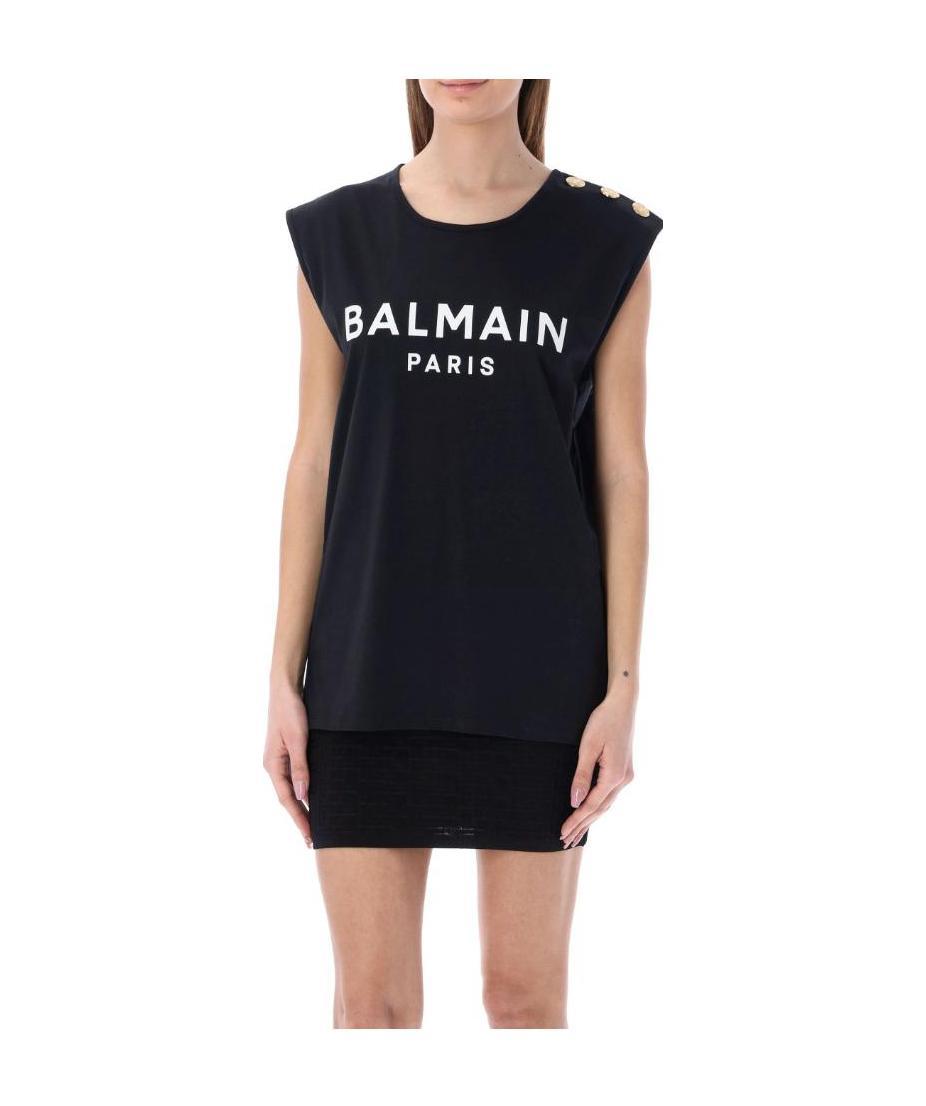 Balmain Embossed-buttons Logo-print Tank Top In Black