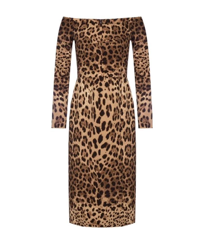 Shop Dolce & Gabbana Off-the-shoulder Leopard Print Midi Dress In Brown