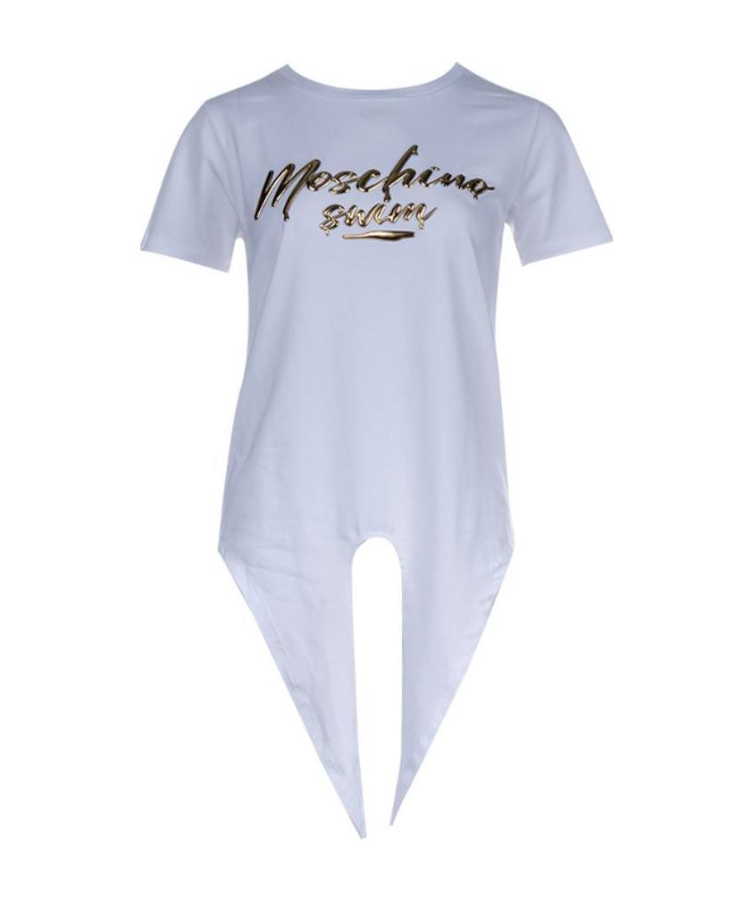 Moschino T-shirt With Round Collar And Knot Hem In Blue