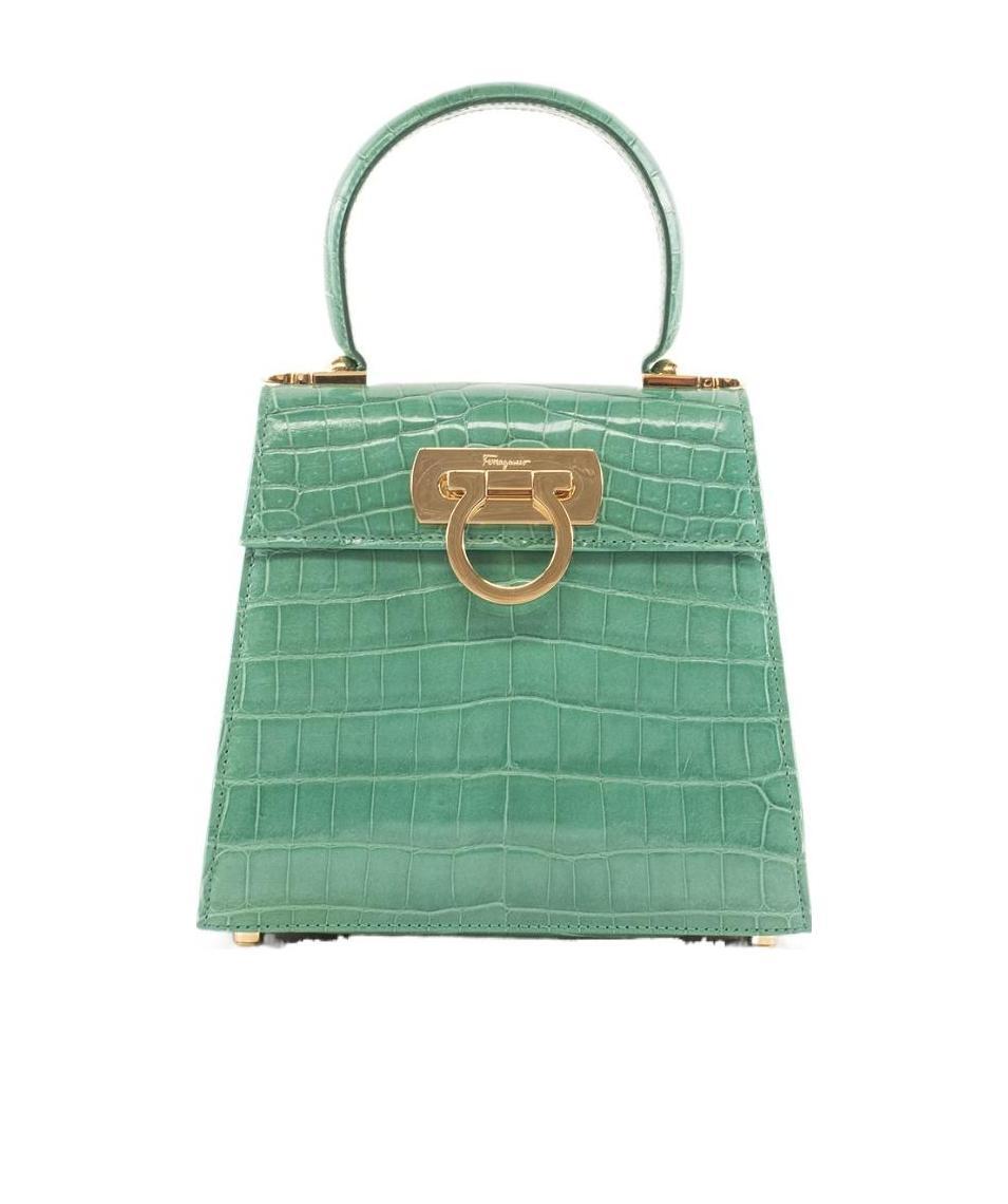 Ferragamo Crocodile Effect Handbag In Green