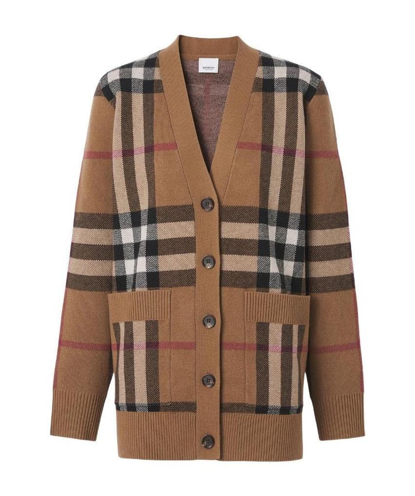 Burberry Checked Wool-cashmere Blend Cardigan In Brown