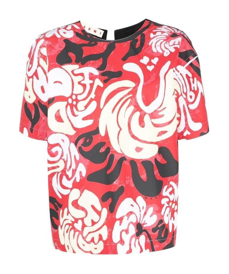 Marni Graphic Print Short Sleeve Blouse In White