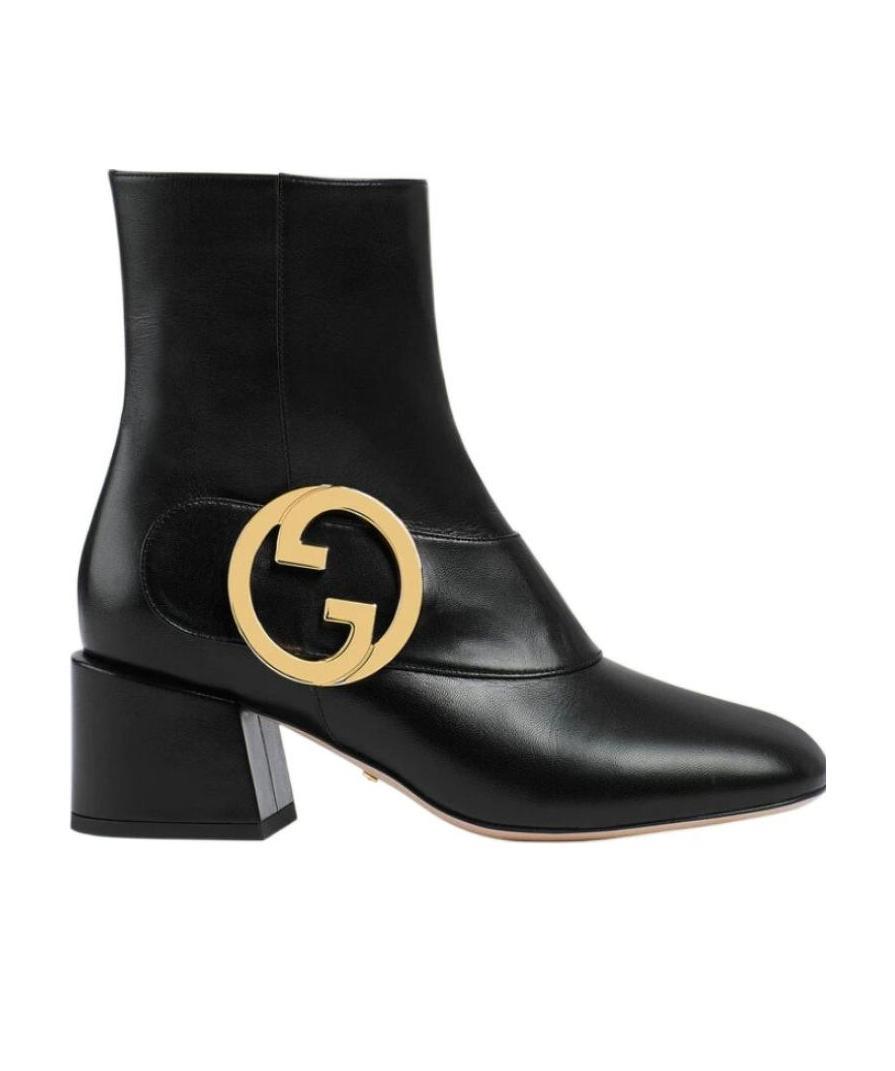 Gucci Blondie Leather Medallion Ankle Boots In Neutral