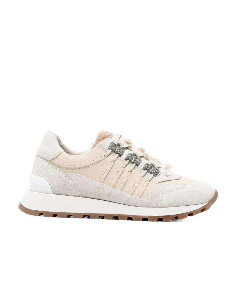 Brunello Cucinelli Shearling-trim Low-top Sneakers In Cream White/beige
