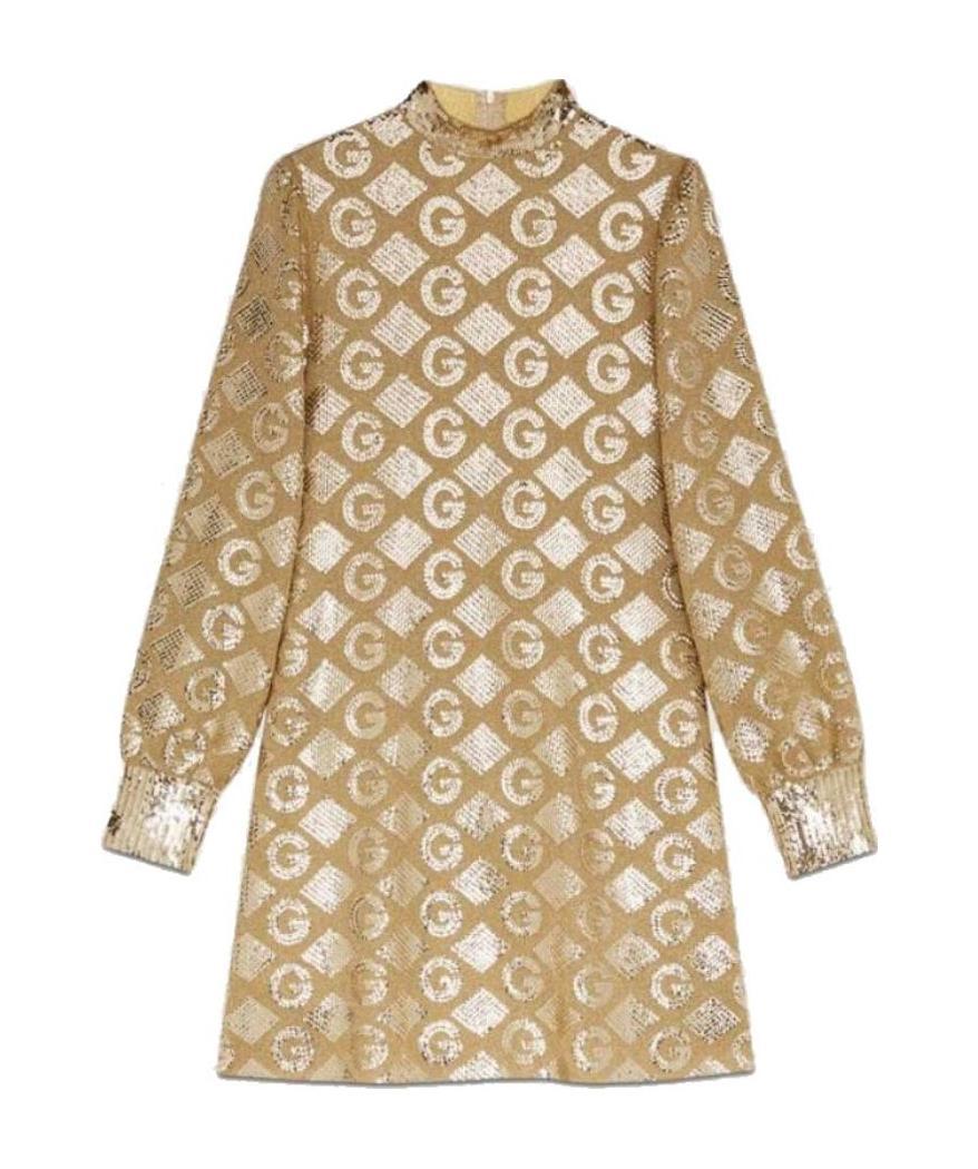 Gucci Lamé G Rhombi Jacquard Dress In Nude