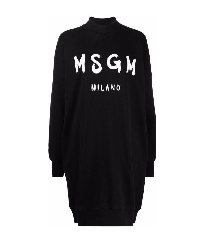 Msgm Brushed Detail Logo Dress In Black