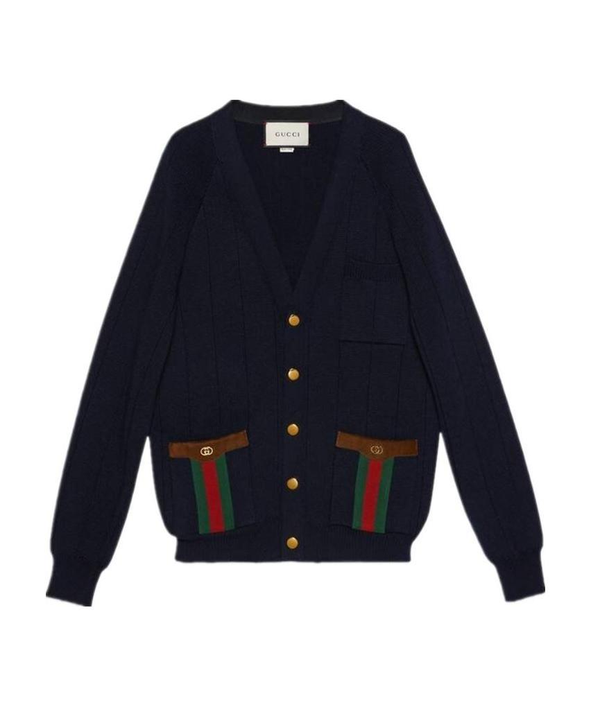 Gucci Ribbon Knitted Wool-blend Cardigan For Men Black In Blue