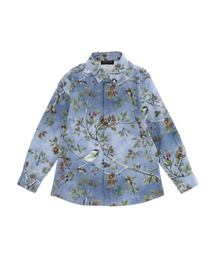 Monnalisa Bird-print Cotton Shirt In Blue