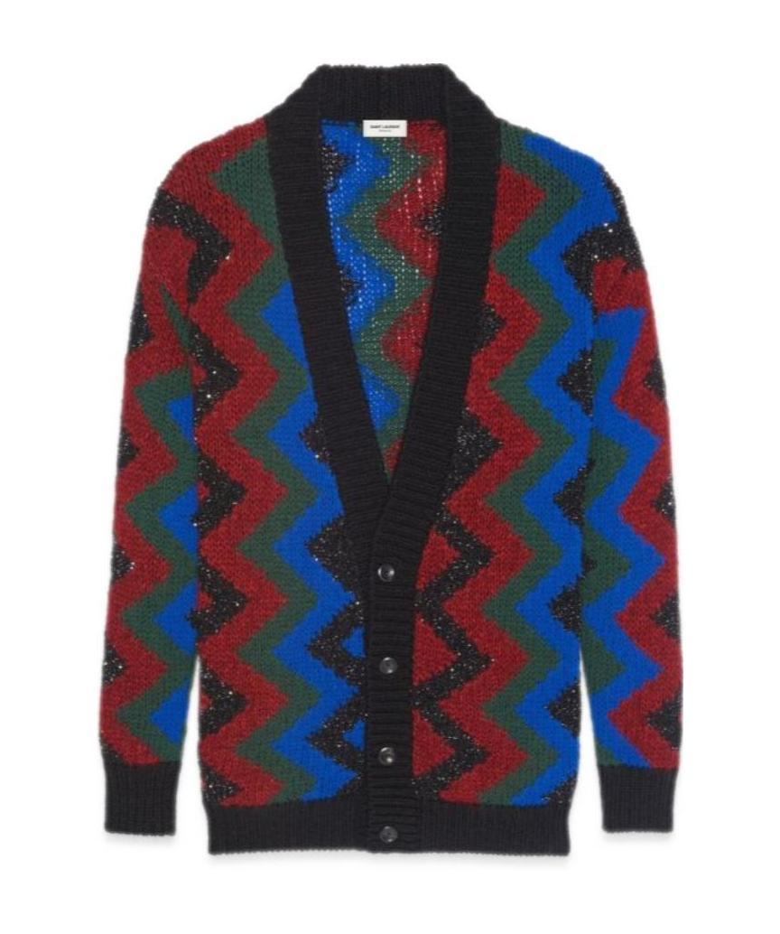 Saint Laurent Zig Zag Jacquard Sequin Cardigan In Black