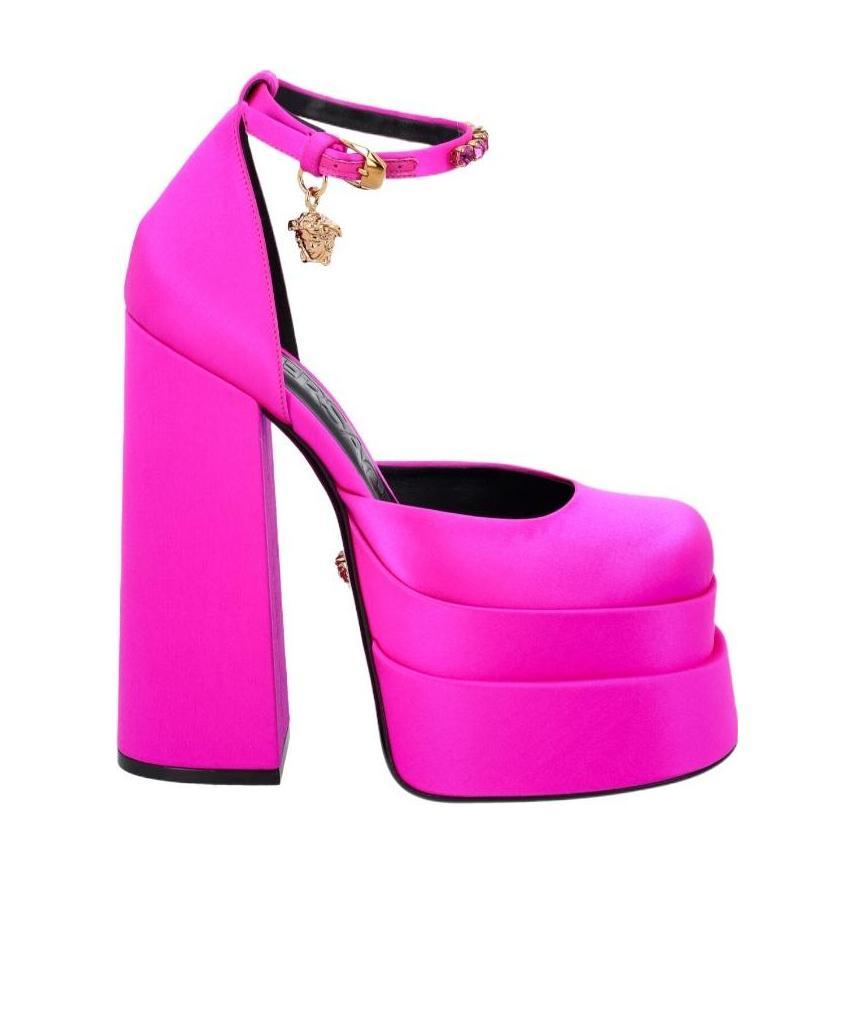 Shop Versace Medusa Head Charm Platform Sandals In Purple