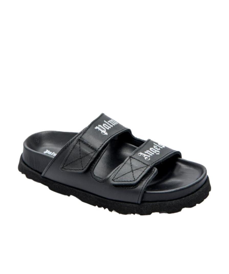 Palm Angels Logo-print Leather Slides In Black