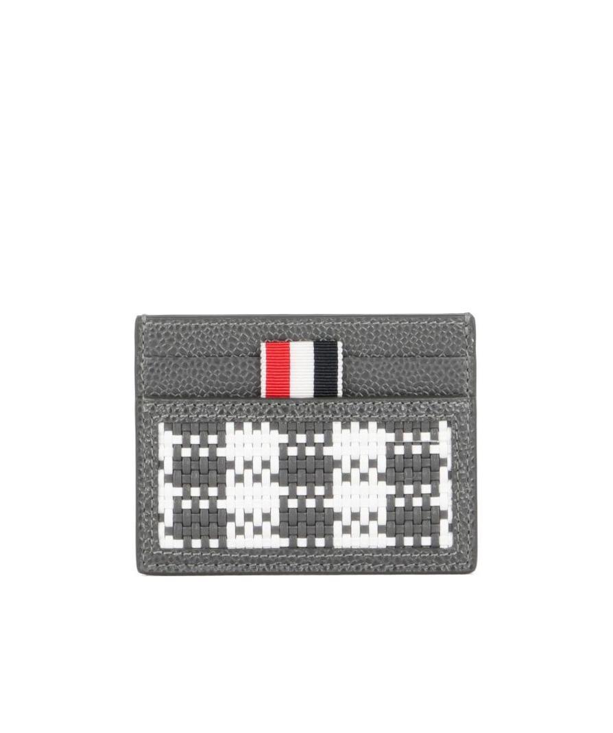 Thom Browne Woven-check Leather Cardholder In Gray