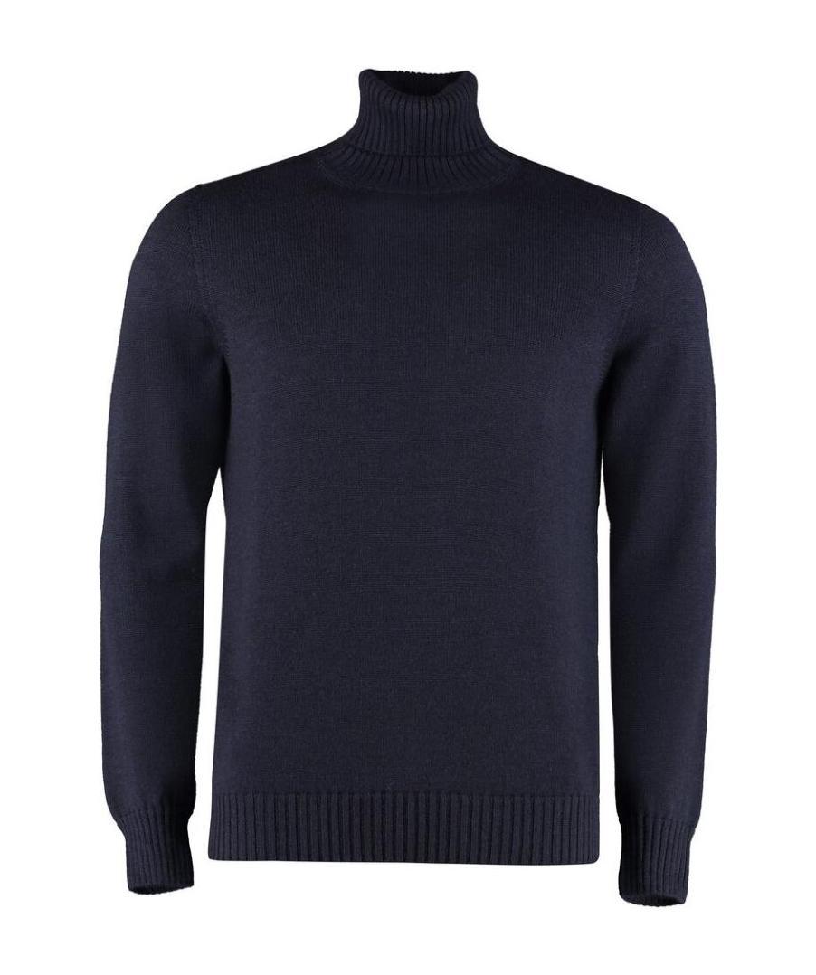 Drumohr Man Turtleneck Navy Blue Size 48 Merino Wool In Black
