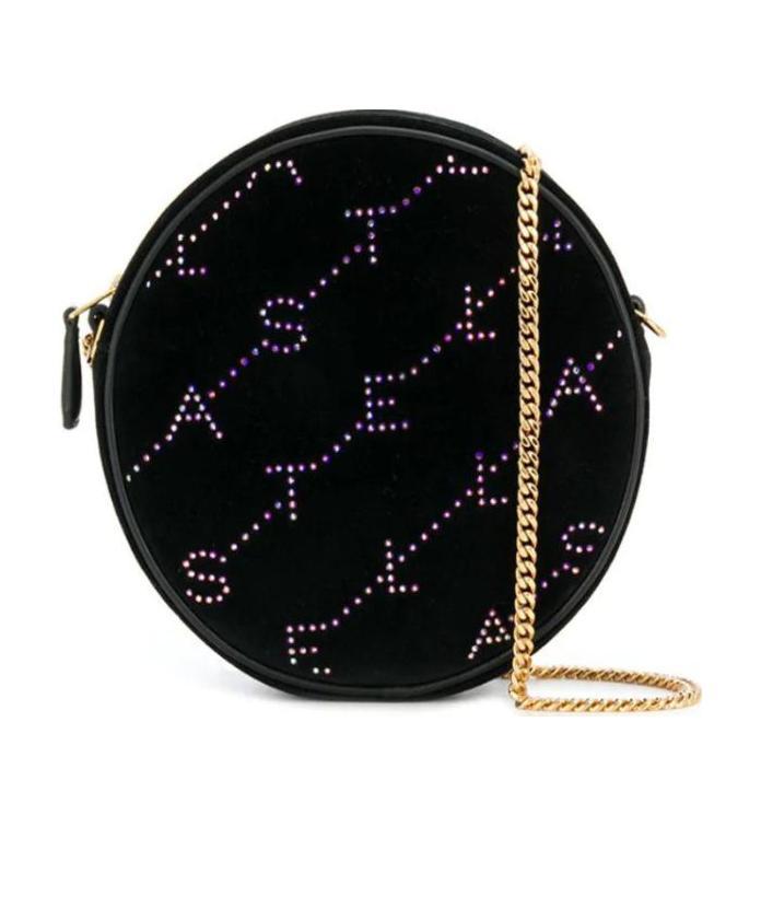 Stella Mccartney Mini Round Velvet Monogram Bag In Black