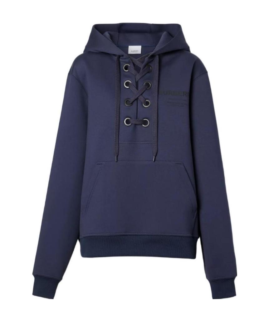Burberry Lace-up Horseferry-print Hoodie In Blue