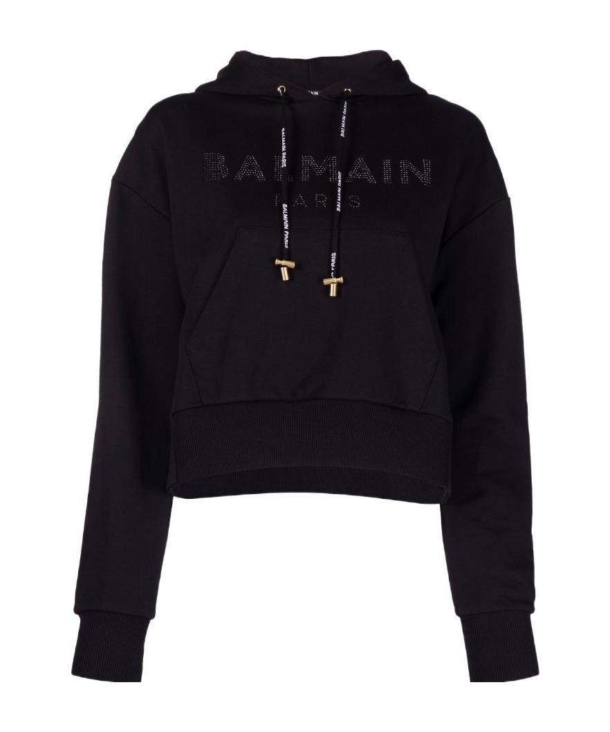 BALMAIN CROPPED LOGO-STUDDED HOODIE