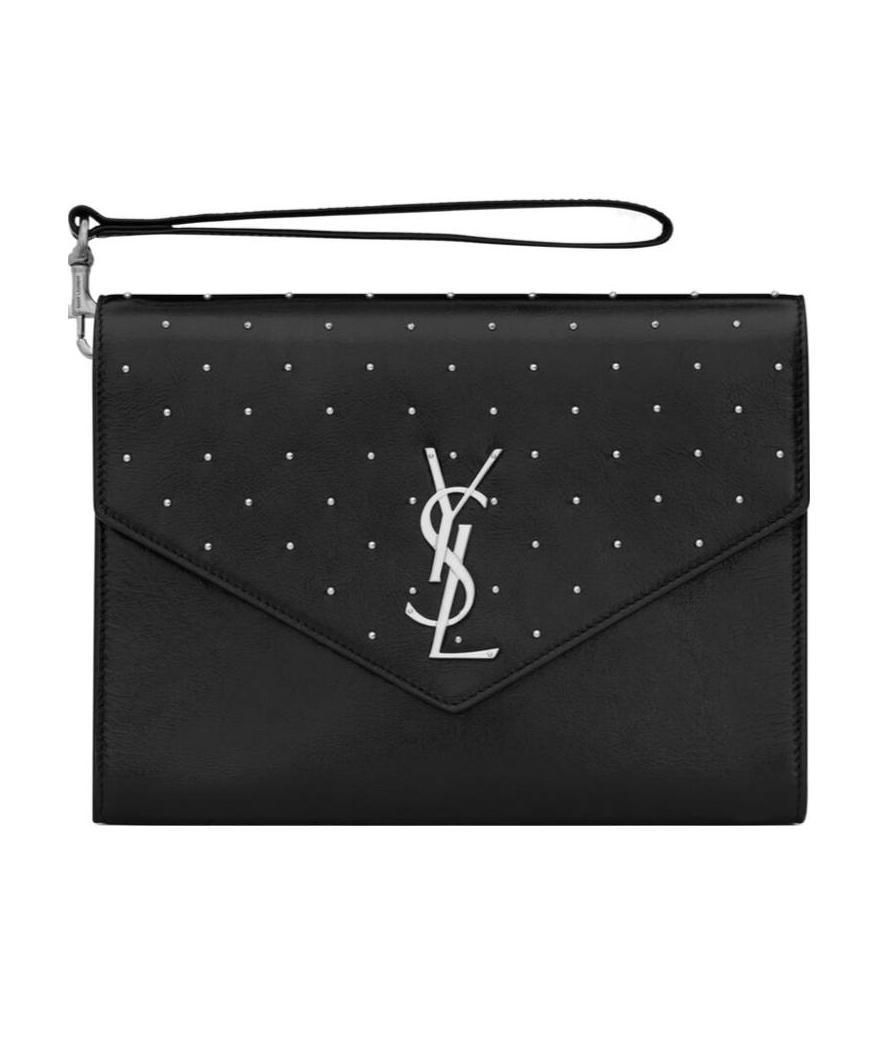 Saint Laurent Cassandre Studded Clutch Bag In Black