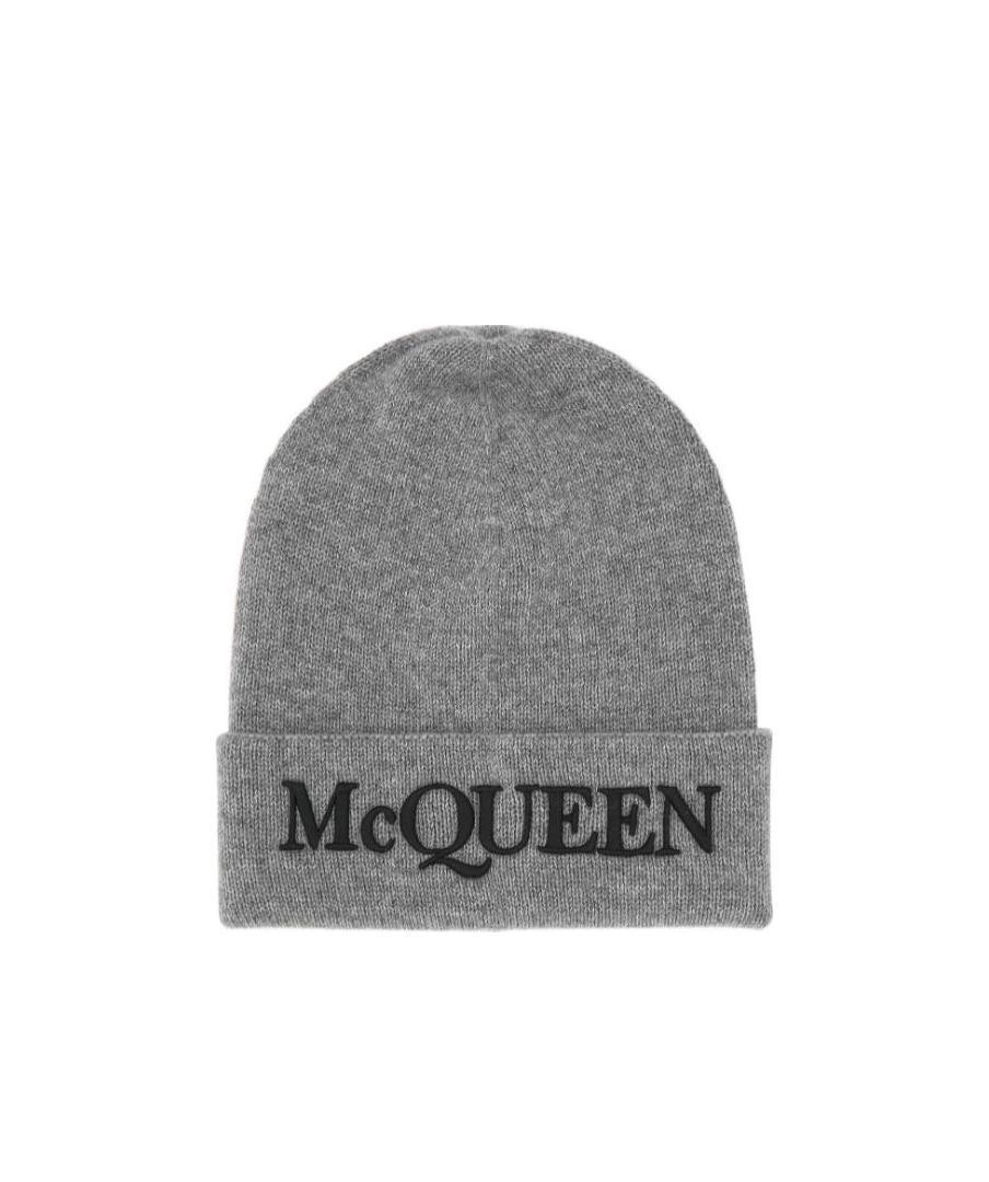 Alexander Mcqueen Embroidered-logo Ribbed Beanie In Gray