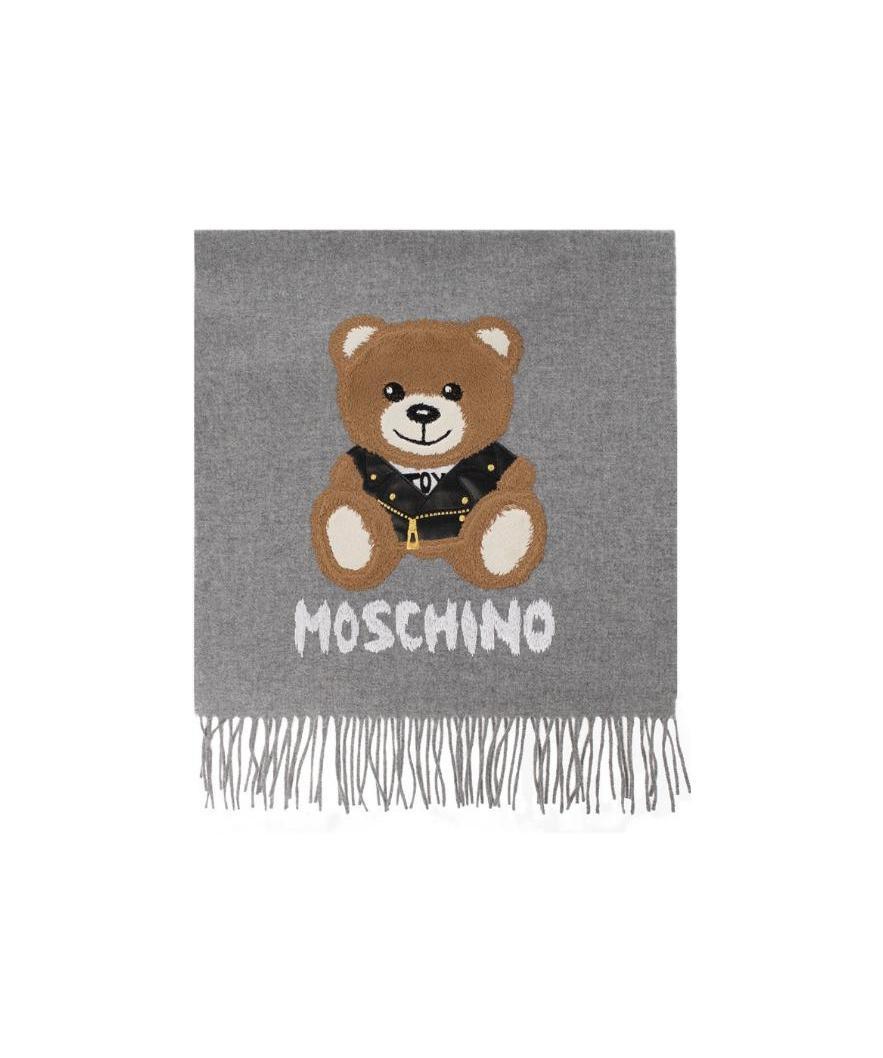 Moschino Brushed-logo Fringed Merino Scarf In Gray