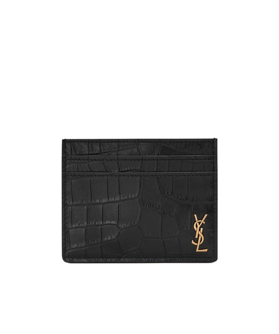 Saint Laurent Tiny Cassandre Card Case In Crocodile-embossed Matte Leather Accessories In Black