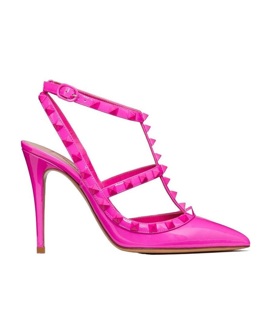 VALENTINO GARAVANI ROCKSTUD ANKLE STRAP PATENT-LEATHER PUMP WITH TONAL STUDS 100 MM 