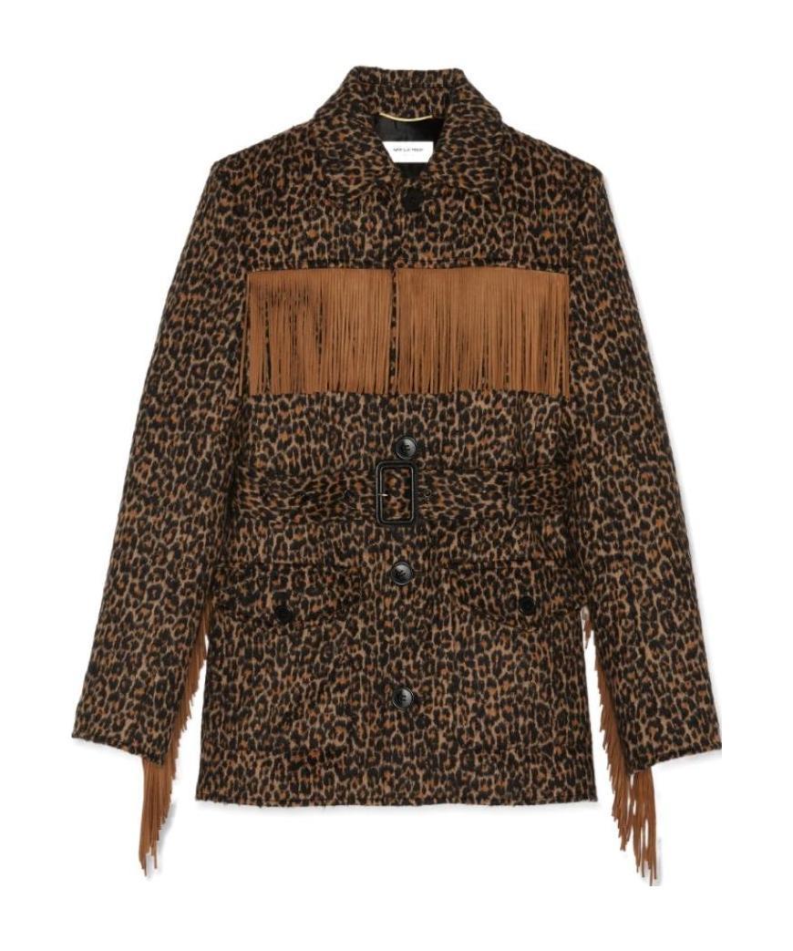 Saint Laurent Belted Fringed Leopard Wool-blend Jacquard Jacket In Black