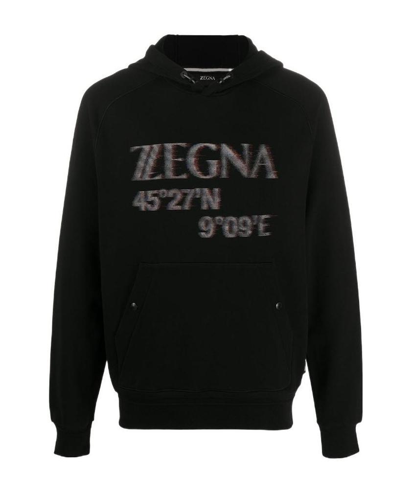 Zegna Logo Long-sleeved Printed Hooded Sweater In Black