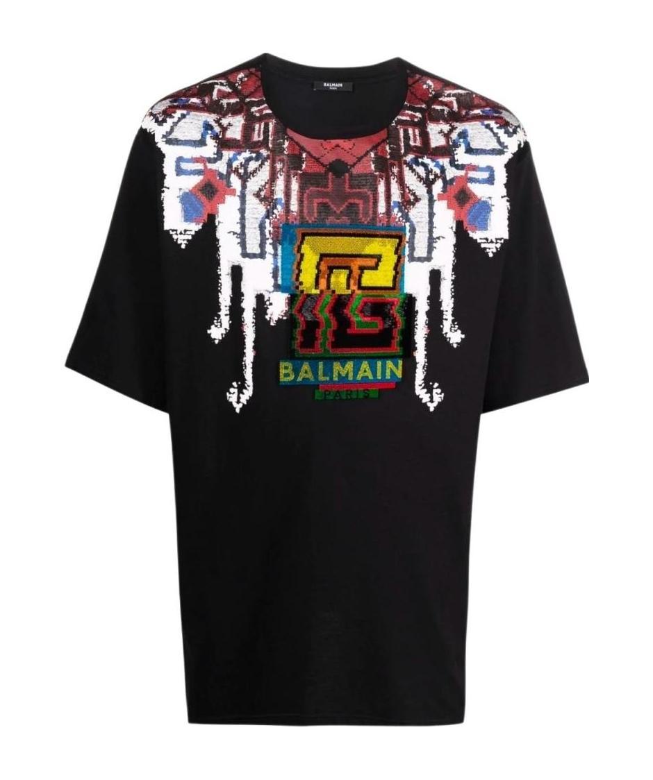 Shop Balmain Oversized Black Cotton T-shirt With Multicolor  Logo Print