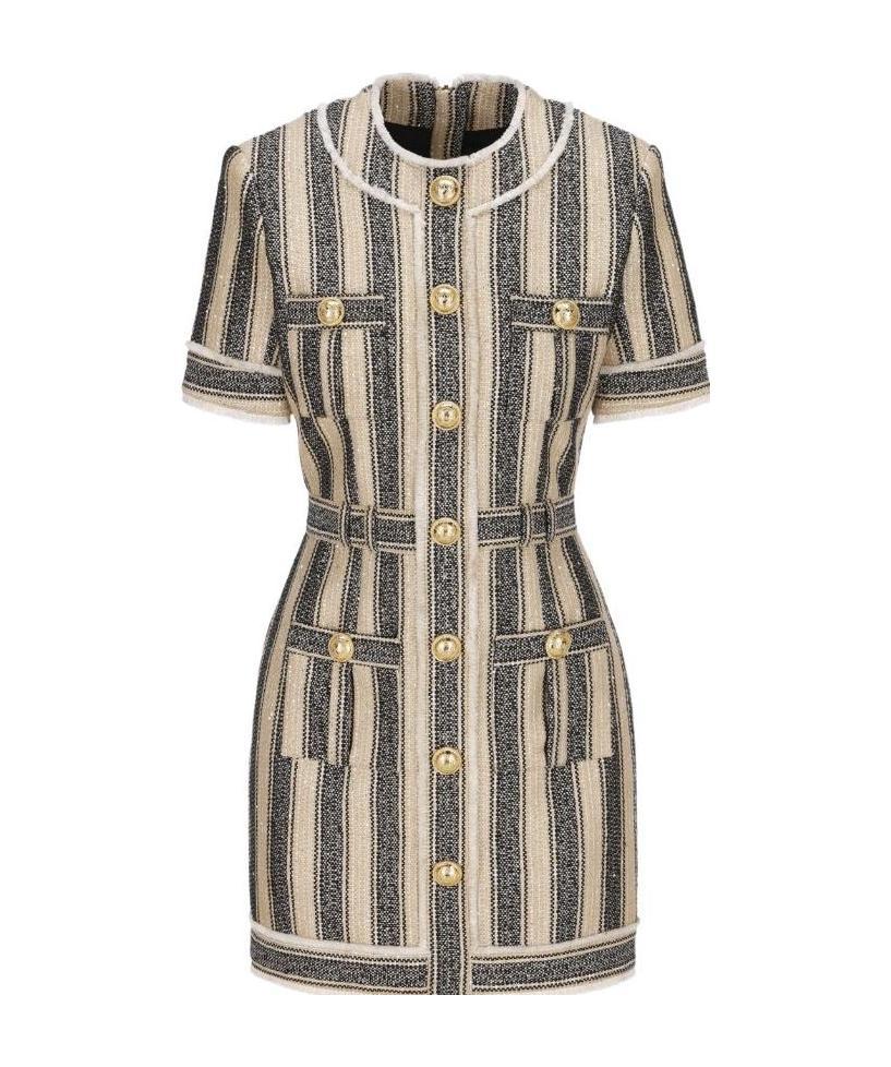 Balmain Stiped Pique Dress In Nude