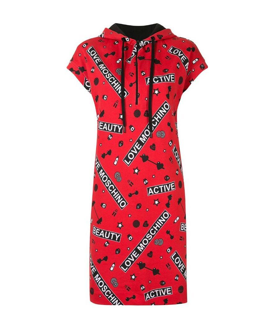 Moschino Classic Printed Hooded Dress In Red