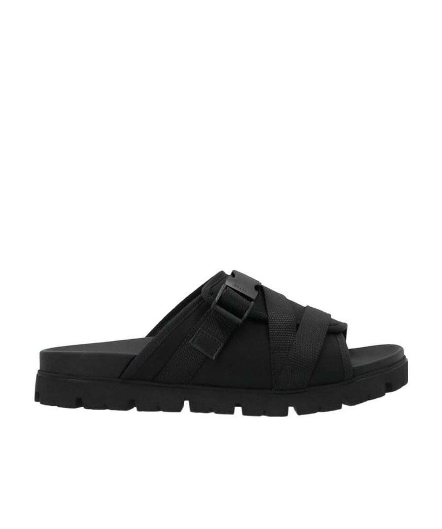 Shop Prada Tape Buckled Slide Sandals In Black
