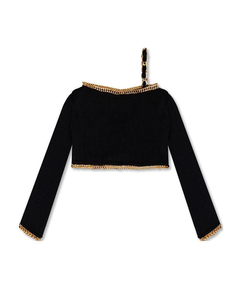 BALMAIN CROPPED BLACK AND GOLD KNIT SWEATER