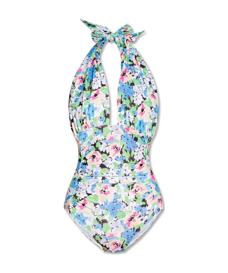 Ganni Wrapped Floral-print Swimsuit In Blue