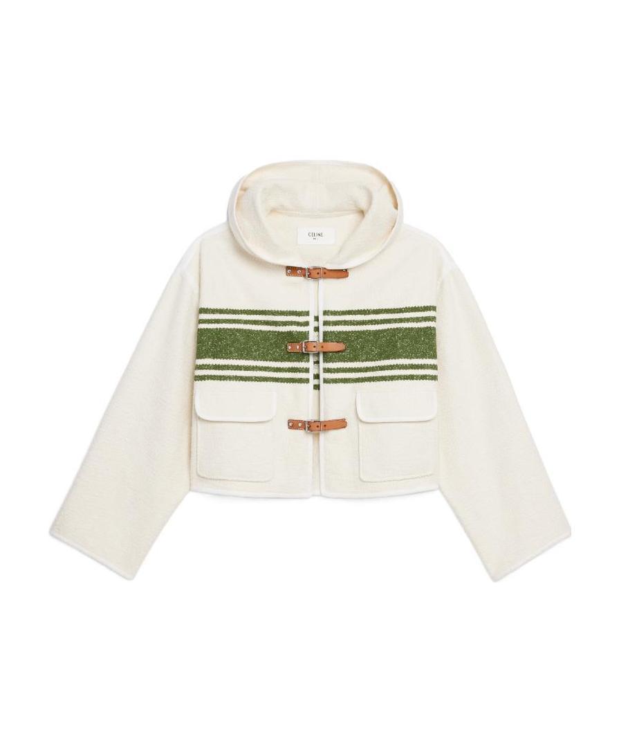 CELINE STRIPED BUCKLE-FASTENING HOODED JACKET 