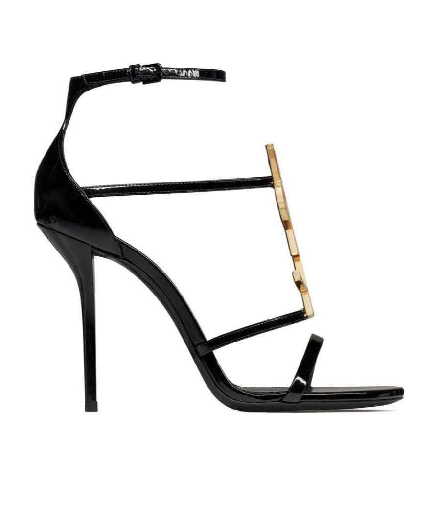 Saint Laurent Cassandra Sandals In Patent Leather With Gold-tone Monogram In Black