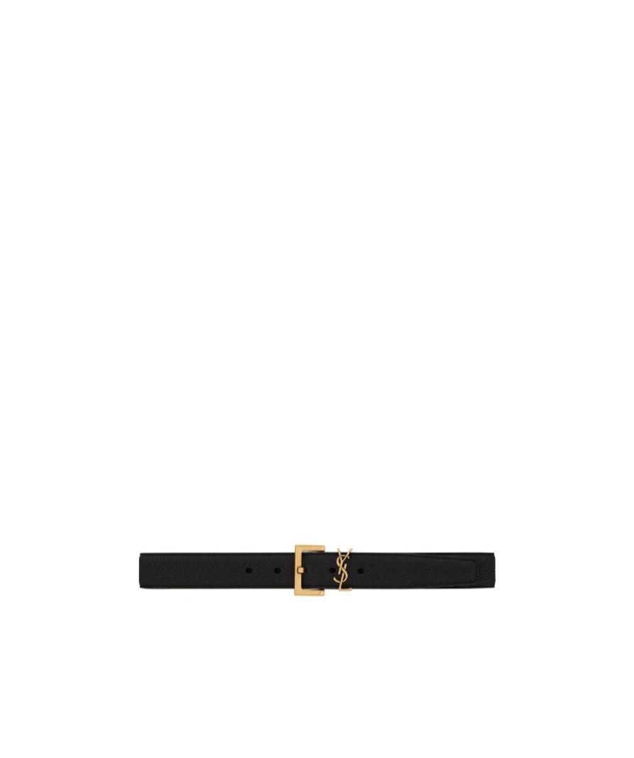 Saint Laurent Cassandre Belt With Square Buckle In Hammered Leather In Black