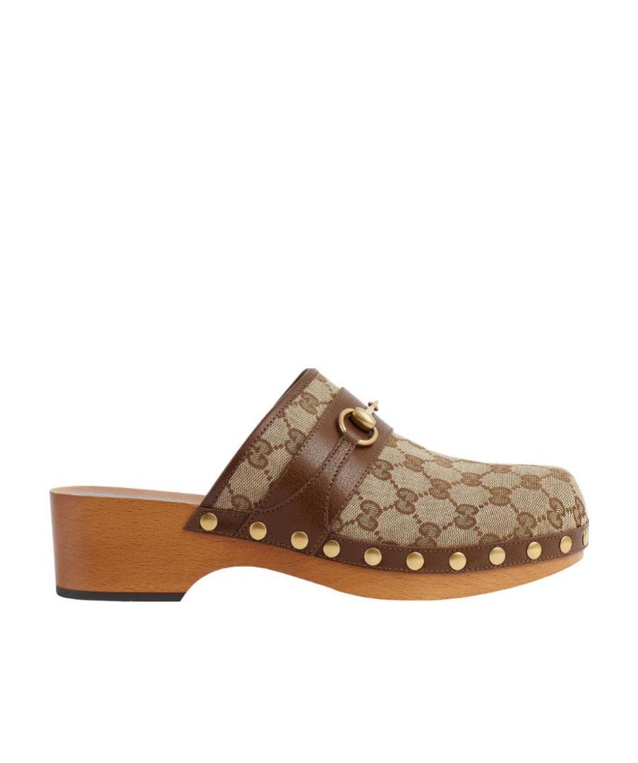 Gucci Horsebit Leather-trimmed Monogrammed Canvas Clogs In Brown