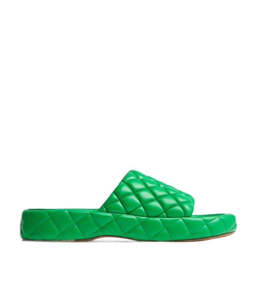 Bottega Veneta Green Quilted Leather Flat Sandals In 3708