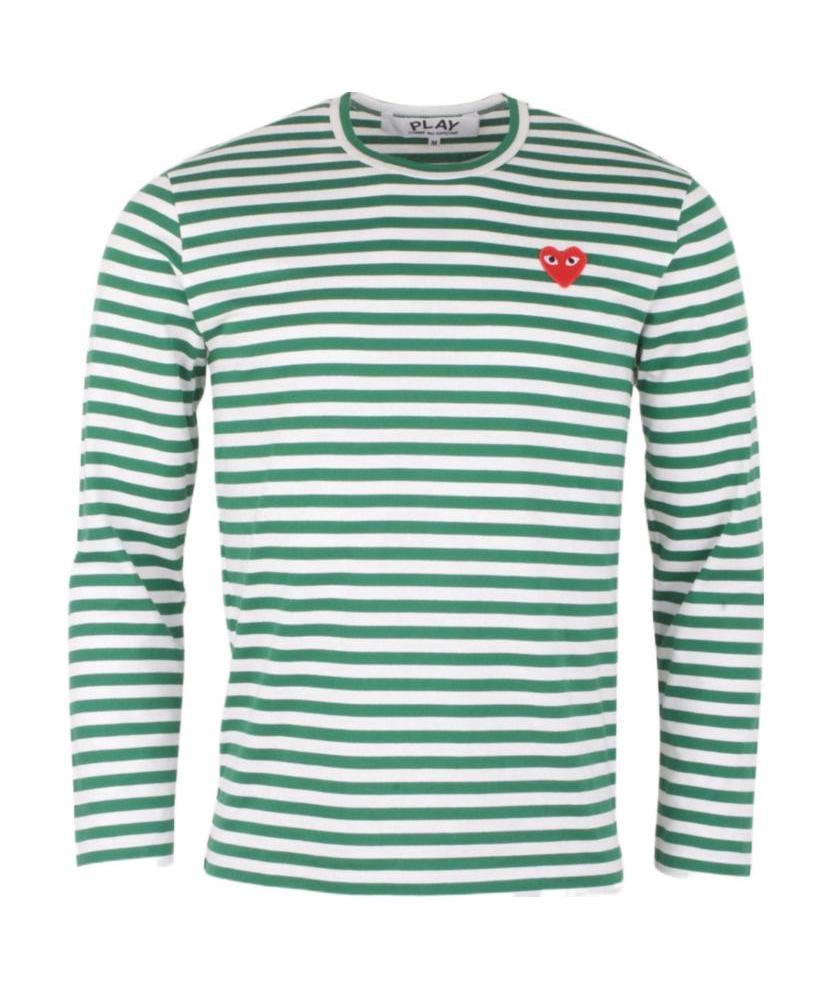 Comme Des Garçons Play Striped Heart Embellished Top In Green