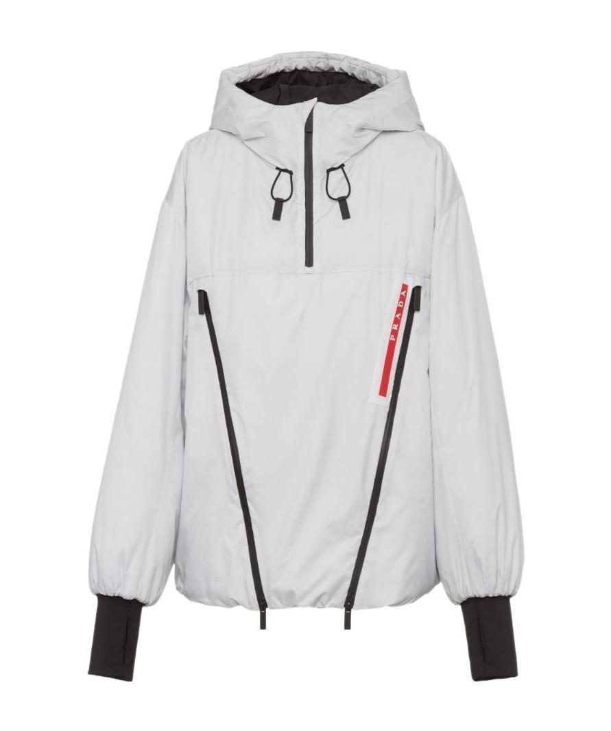 Prada Hooded Polyester Jacket With Elasticated Cuffs In Chalk White